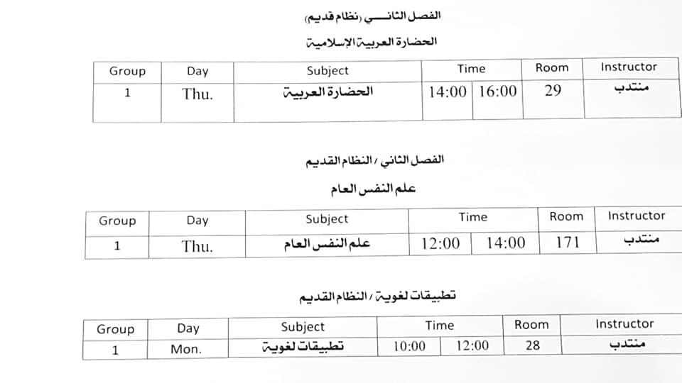الجدول الدراسي من الفصل الثاني الى الخامس  (نظام قديم)